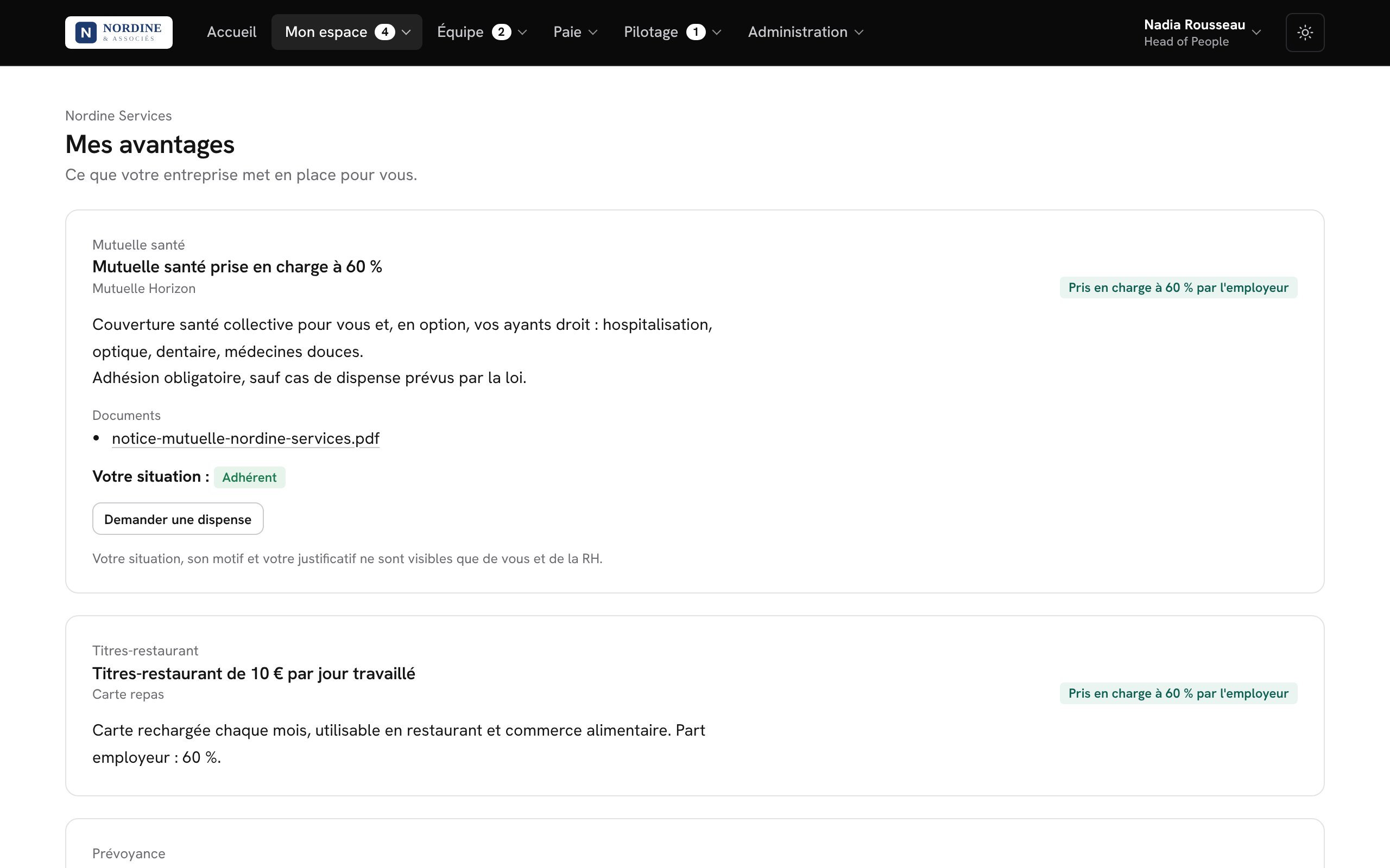 Page « Mes avantages » d'un salarié : mutuelle, titres-restaurant, prévoyance